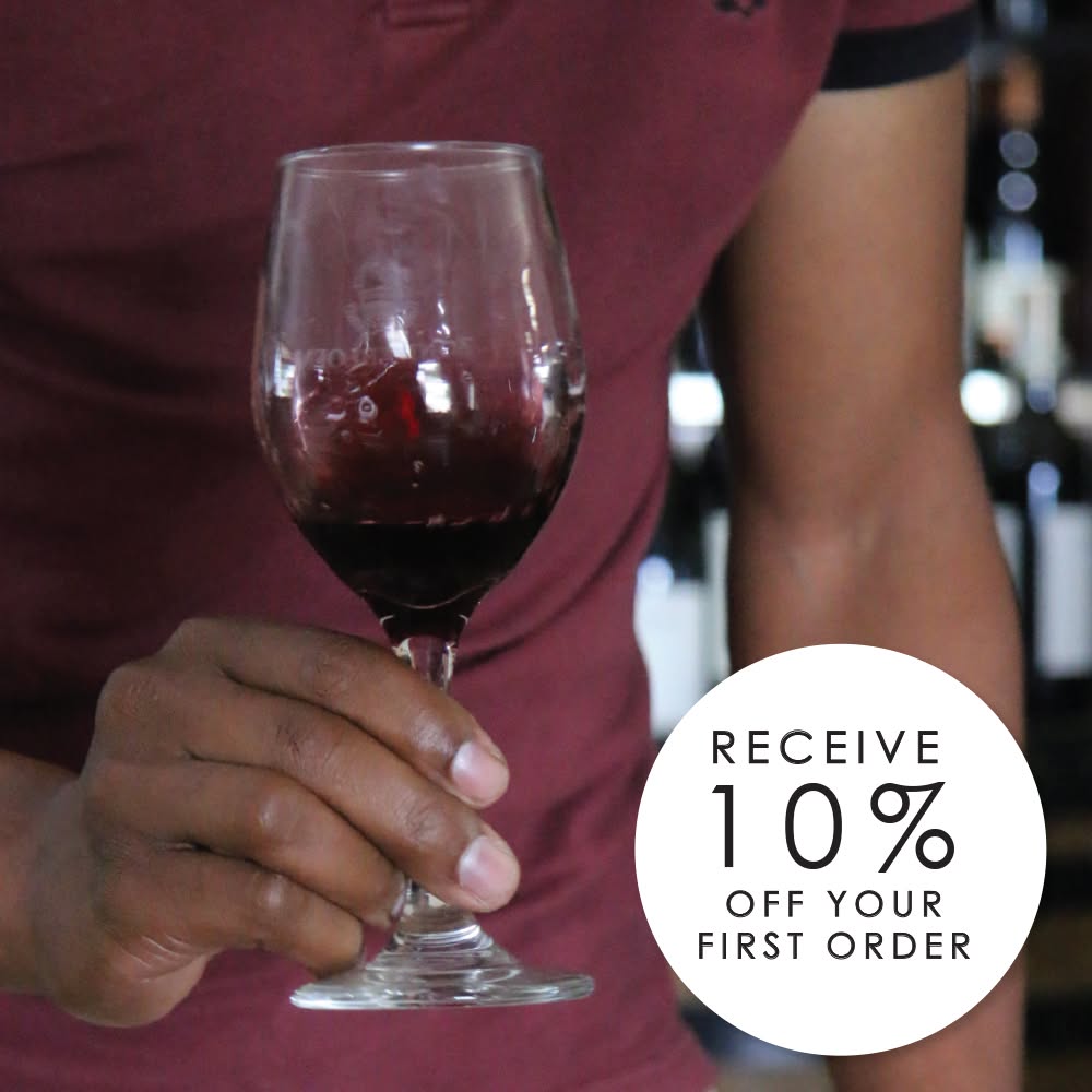 Glass of red wine, 10 percent off first order